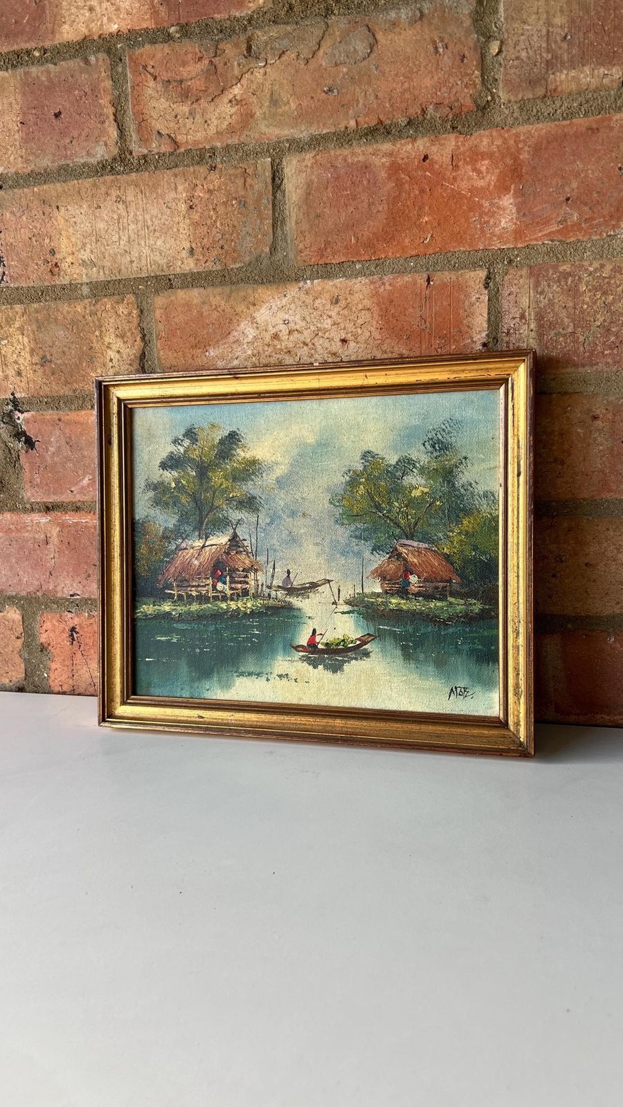 photo for sale Mid Century Signed Oil Painting – Tranquil Riverside Scene