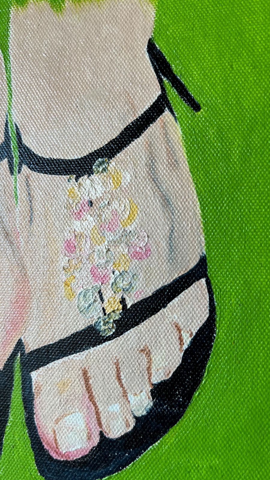 Contemporary Oil Painting Of Feet In Sandals – Vibrant Green Background photo Art