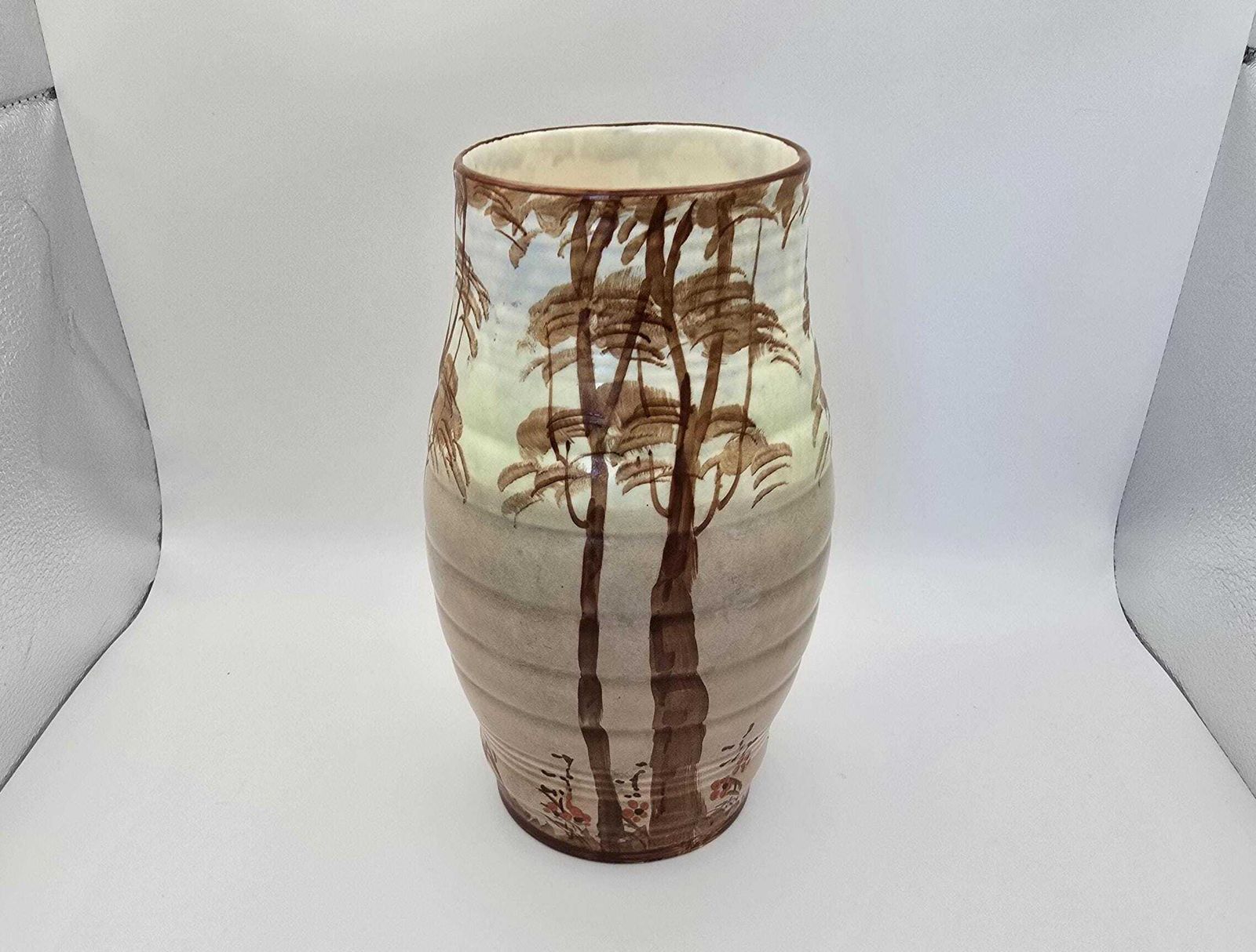 Art Deco Thomas Forester & Sons Phoenix Ware Vase   Ribbed Brown Vase With Hand Painted Trees   1930s