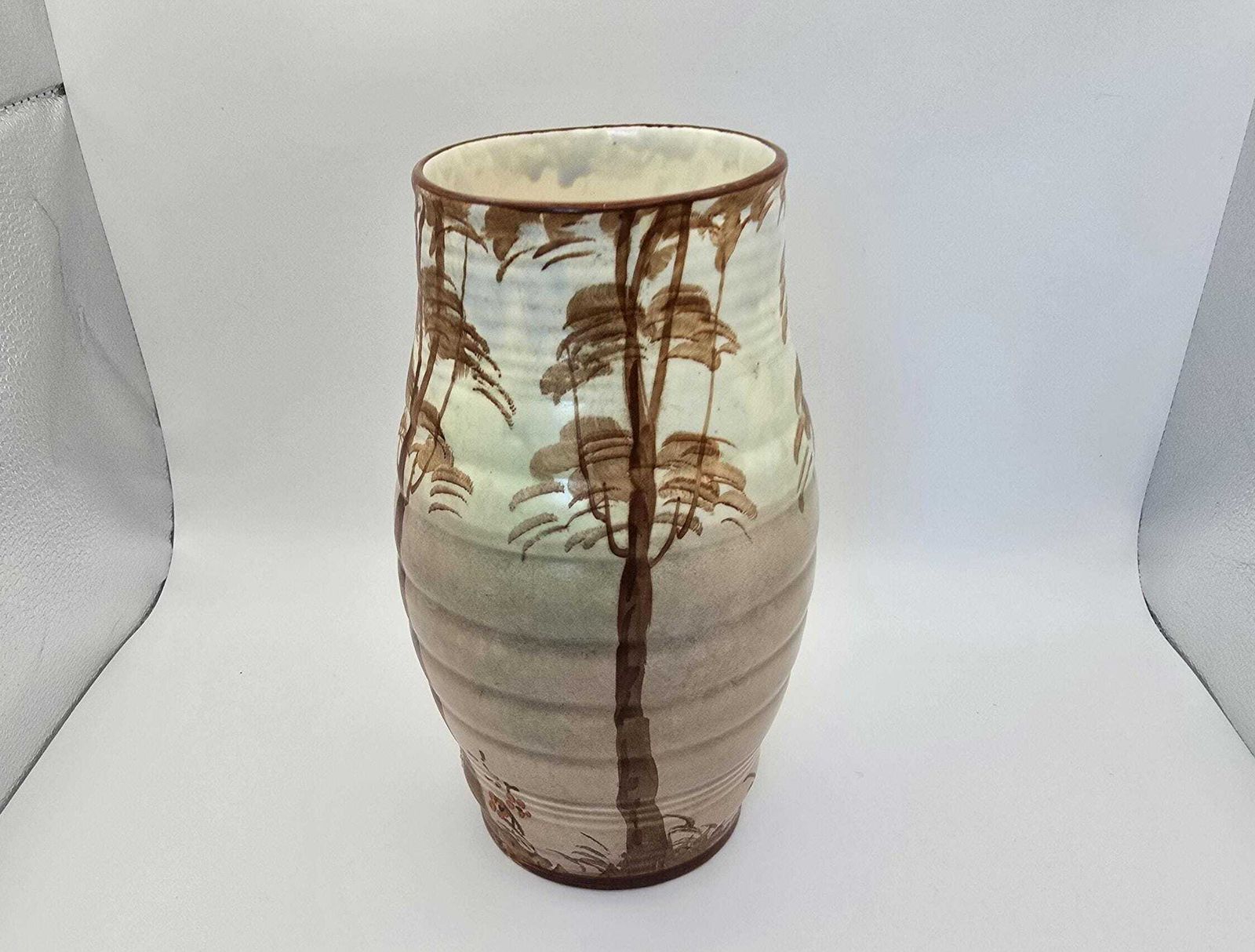 Art Deco Thomas Forester & Sons Phoenix Ware Vase   Ribbed Brown Vase With Hand Painted Trees   1930s photo furniture