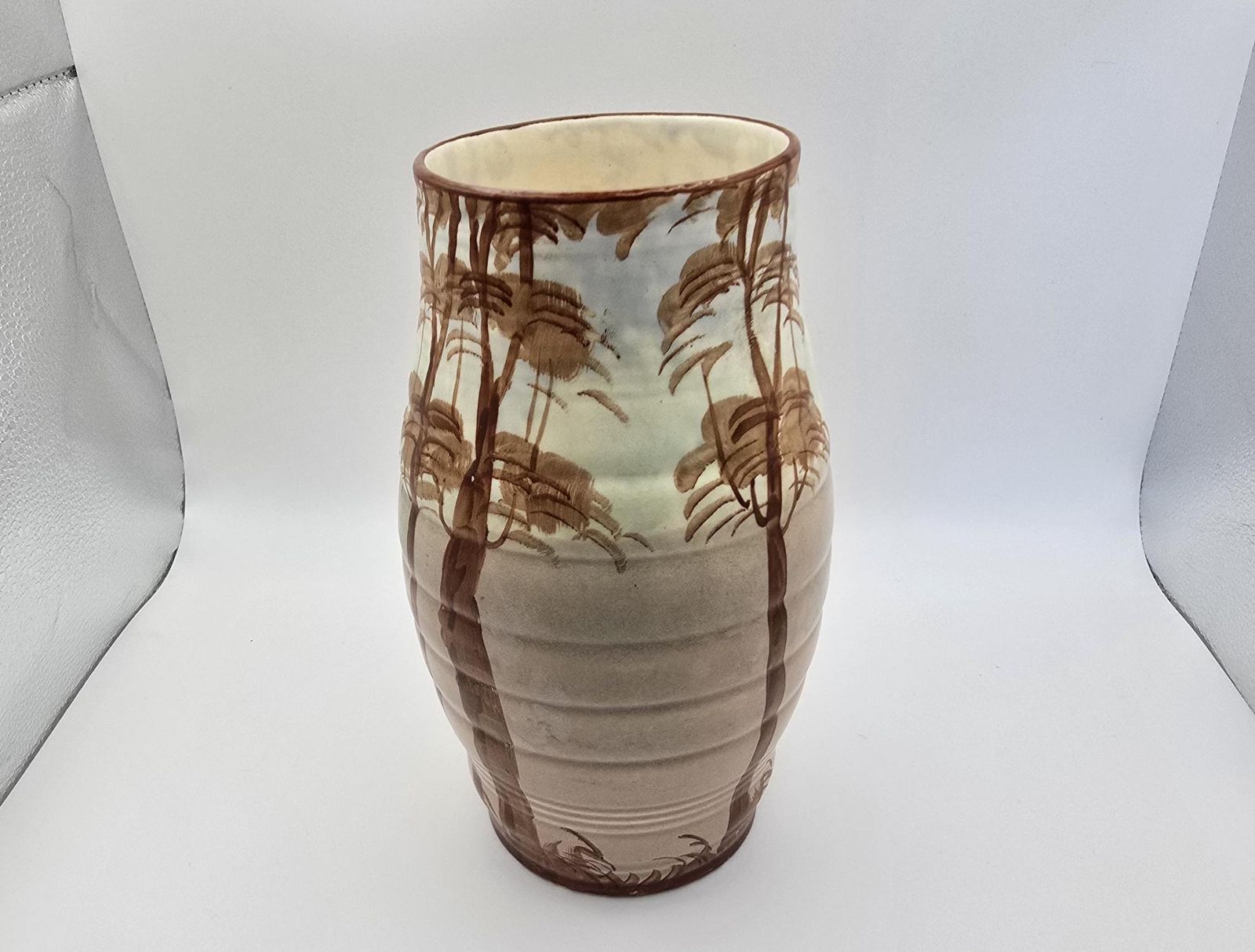 Art Deco Thomas Forester & Sons Phoenix Ware Vase   Ribbed Brown Vase With Hand Painted Trees   1930s photo Home Decor