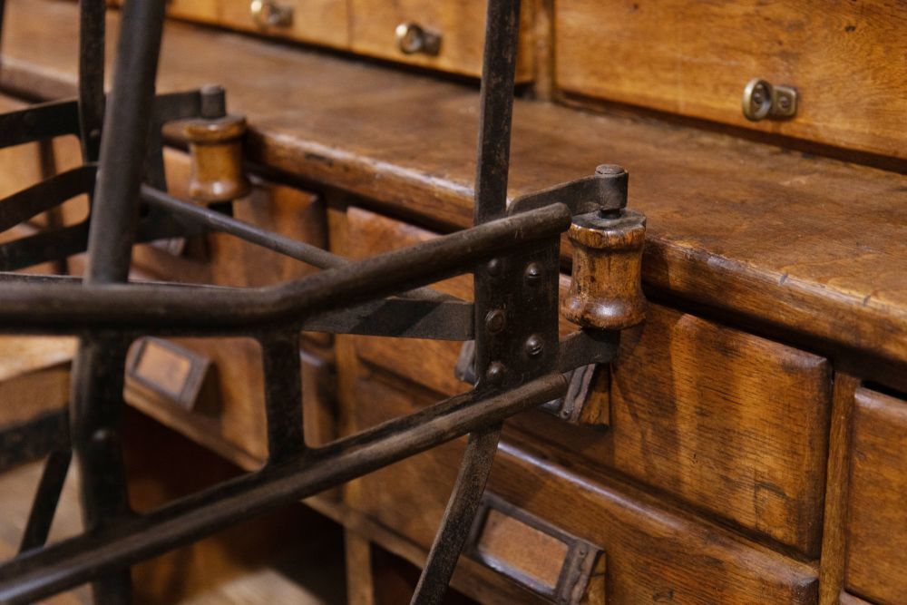 photo vinterior Vintage Shop Haberdashery Cabinet With Rolling Ladder