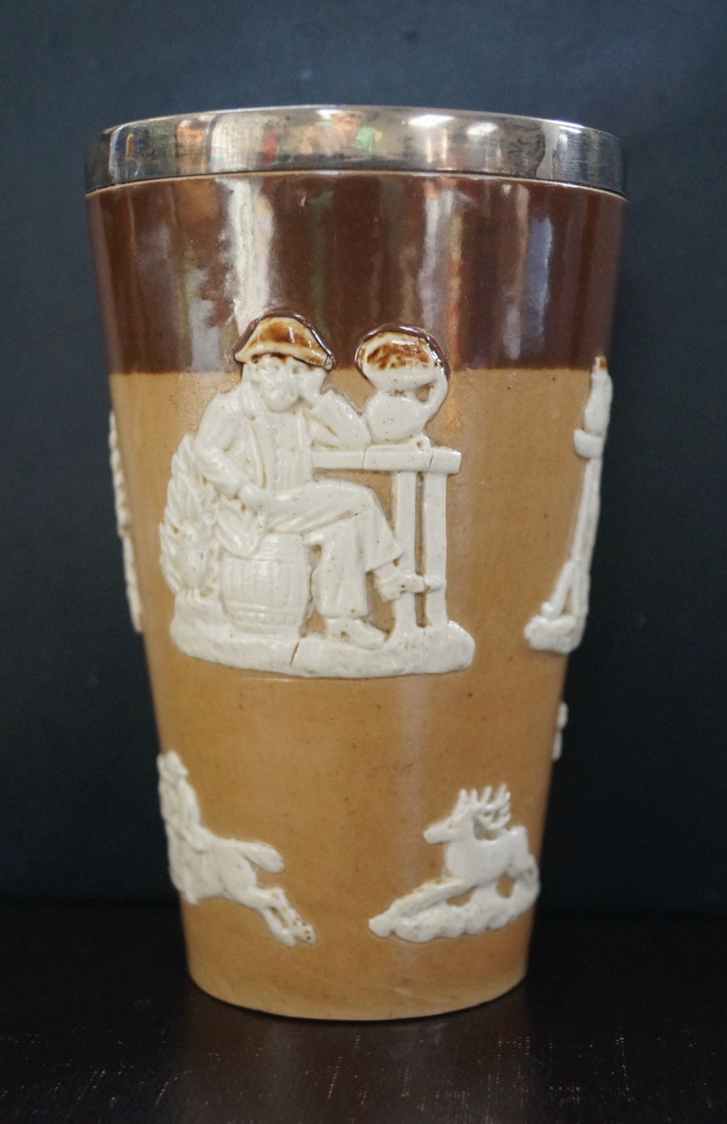Antique Royal Doulton Harvest Hunt Beaker With Silver Rim photo furniture