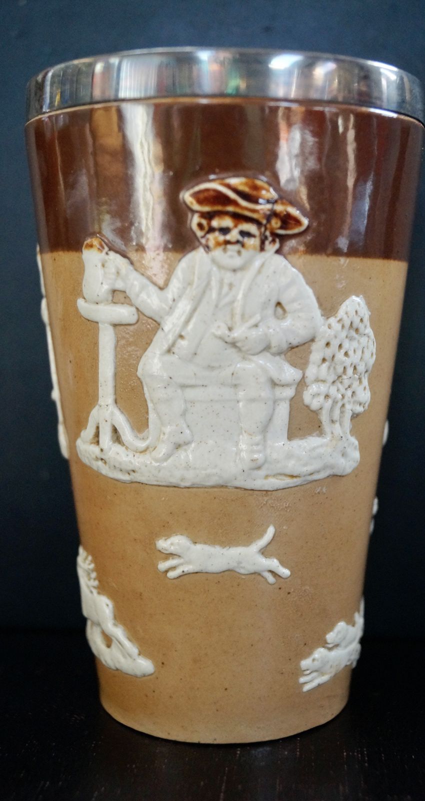 Antique Royal Doulton Harvest Hunt Beaker With Silver Rim photo for sale