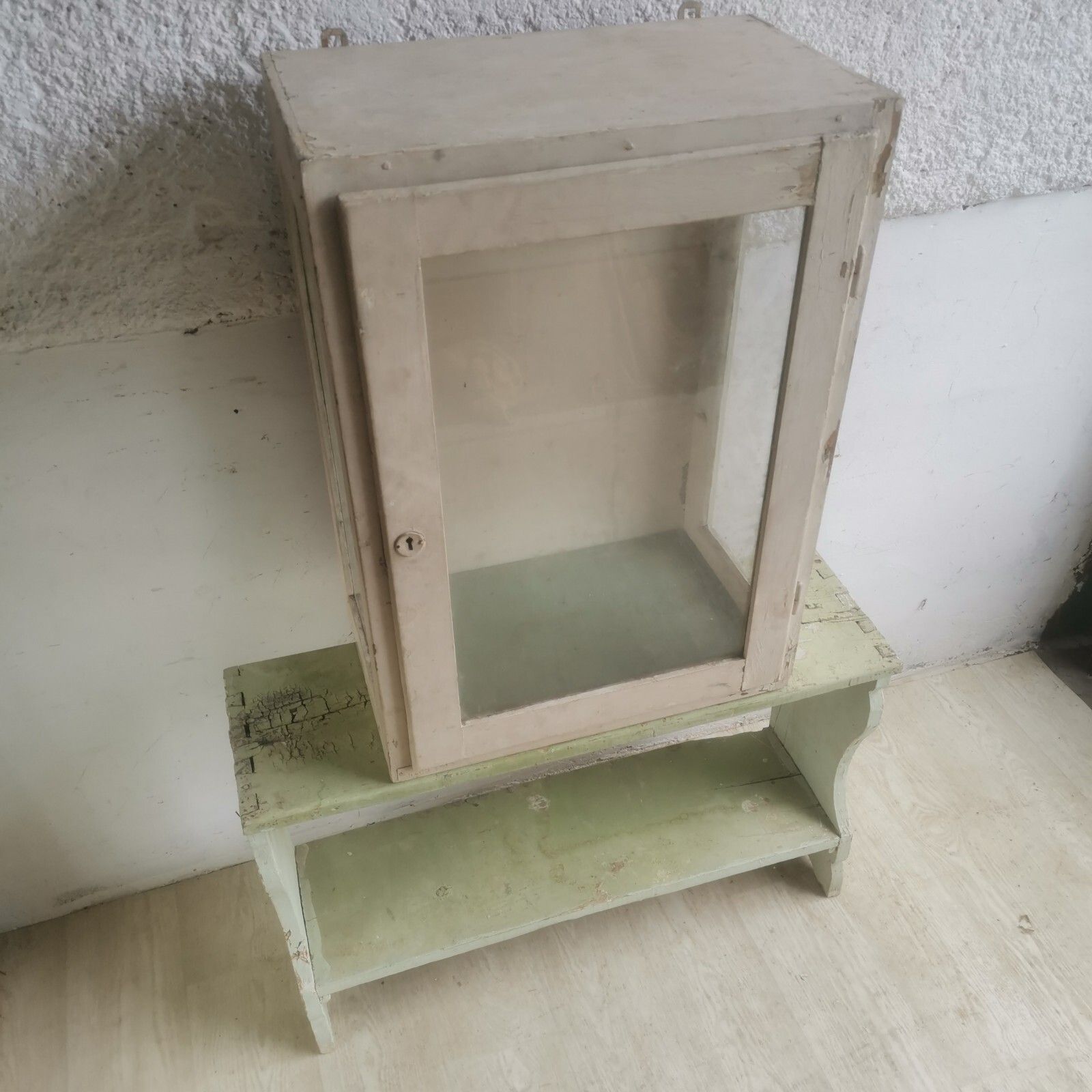 White Antique Chippy Wooden Glass Display Med Cabinet Rustic Scratch Built C1920 photo furniture