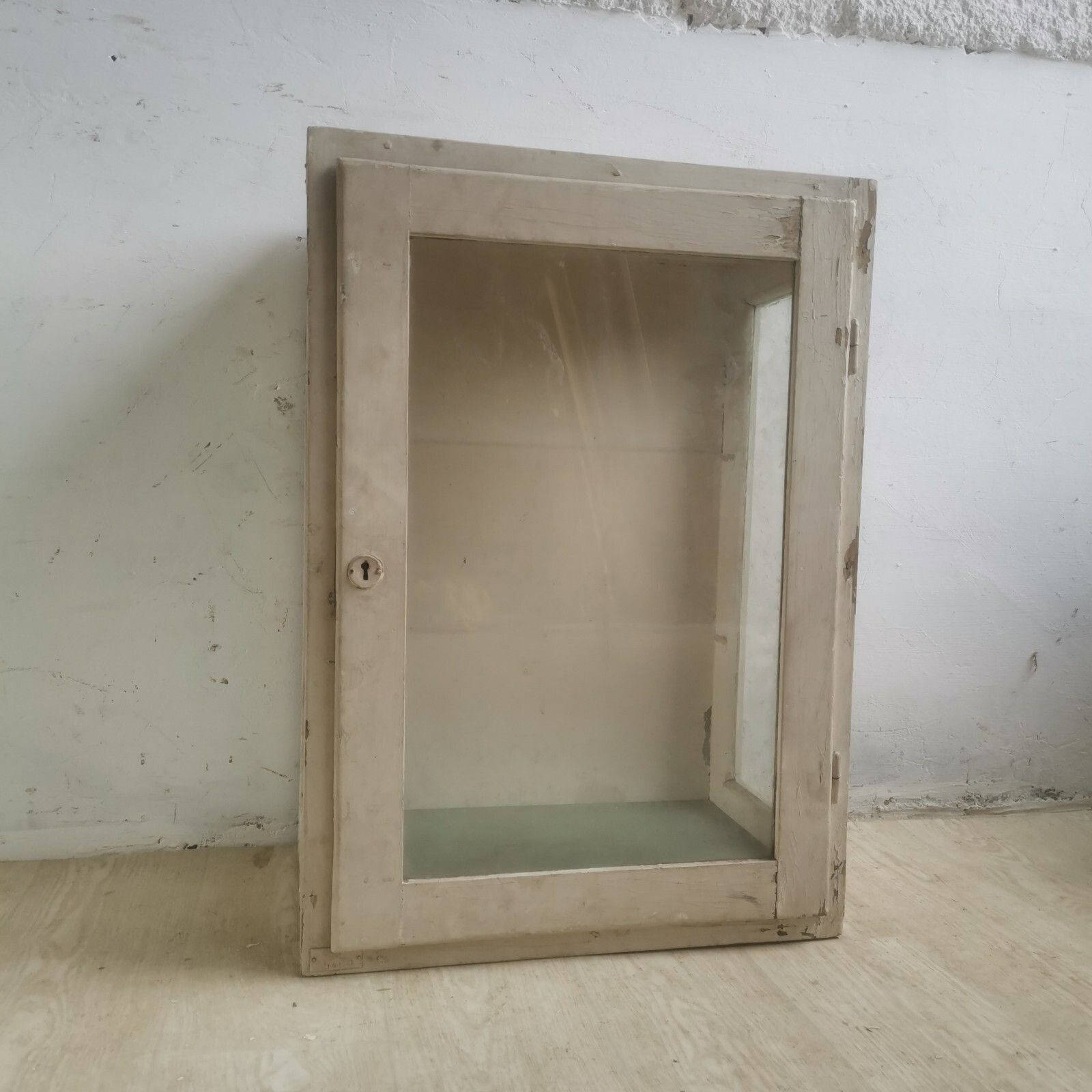 White Antique Chippy Wooden Glass Display Med Cabinet Rustic Scratch Built C1920 photo for sale