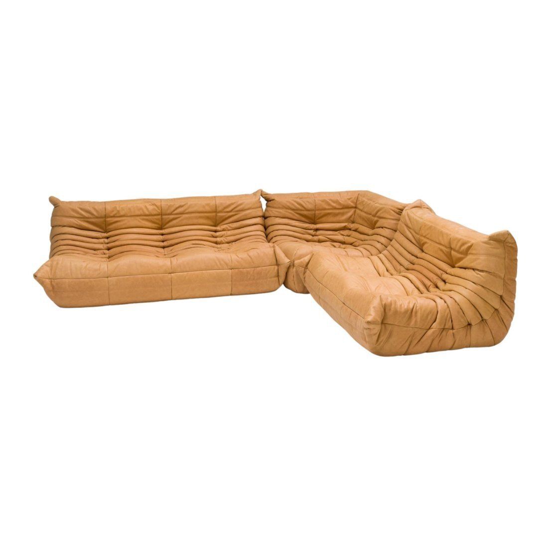 Ligne Roset By Michel Ducaroy Camel Brown Leather Togo, Set Of Three
