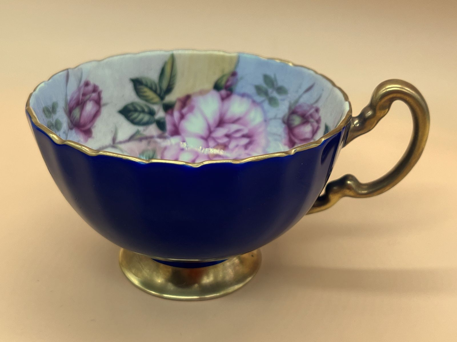 Aynsley China Cabbage Rose Cobalt Blue And Gold Footed And Fluted Cabinet Tea Cup & Saucer Duo. photo vinterior