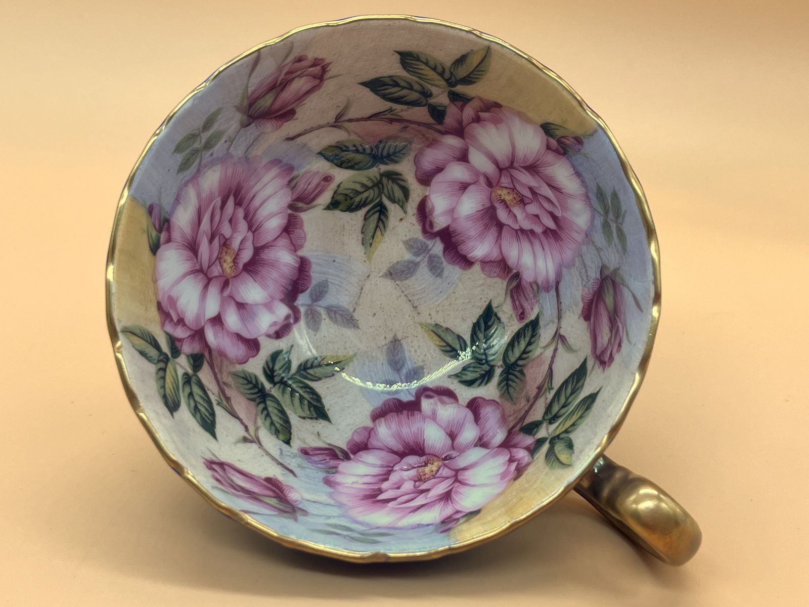 photo furniture Aynsley China Cabbage Rose Cobalt Blue And Gold Footed And Fluted Cabinet Tea Cup & Saucer Duo.