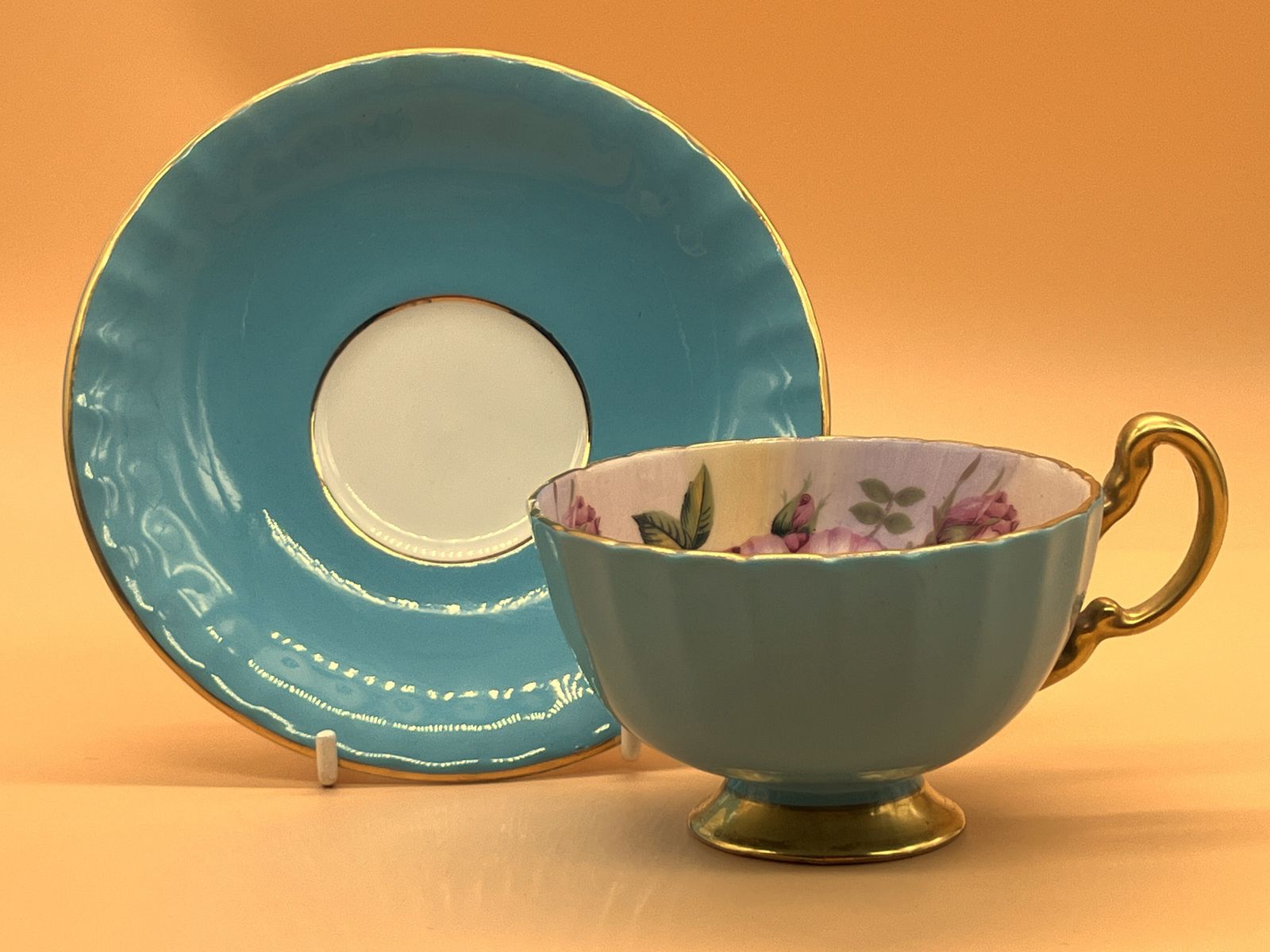 Aynsley China Cabbage Rose Oban Shape Turquoise And Gold Footed And Fluted Cabinet Tea Cup & Saucer Duo. 1031. photo for sale