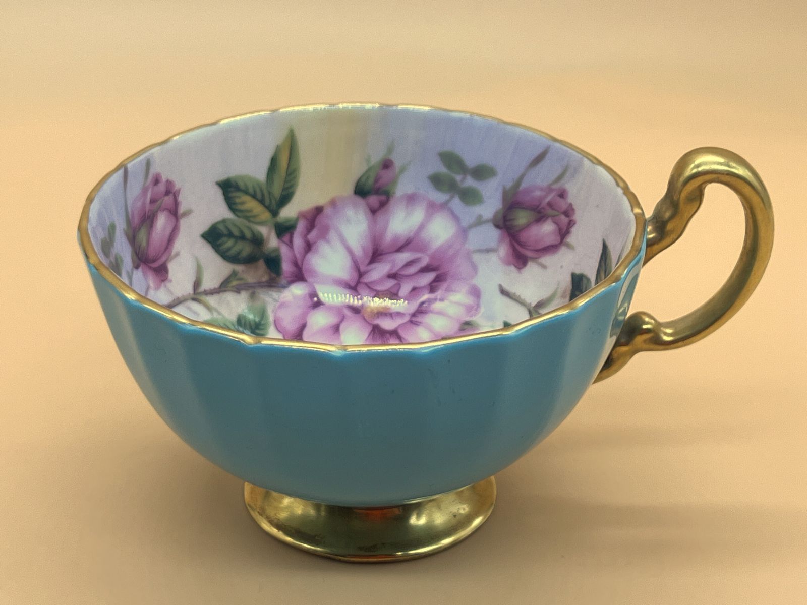 Aynsley China Cabbage Rose Oban Shape Turquoise And Gold Footed And Fluted Cabinet Tea Cup & Saucer Duo. 1031. photo buy