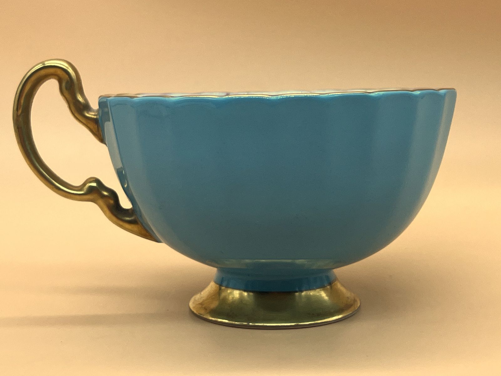 photo for sale Aynsley China Cabbage Rose Oban Shape Turquoise And Gold Footed And Fluted Cabinet Tea Cup & Saucer Duo. 1031.