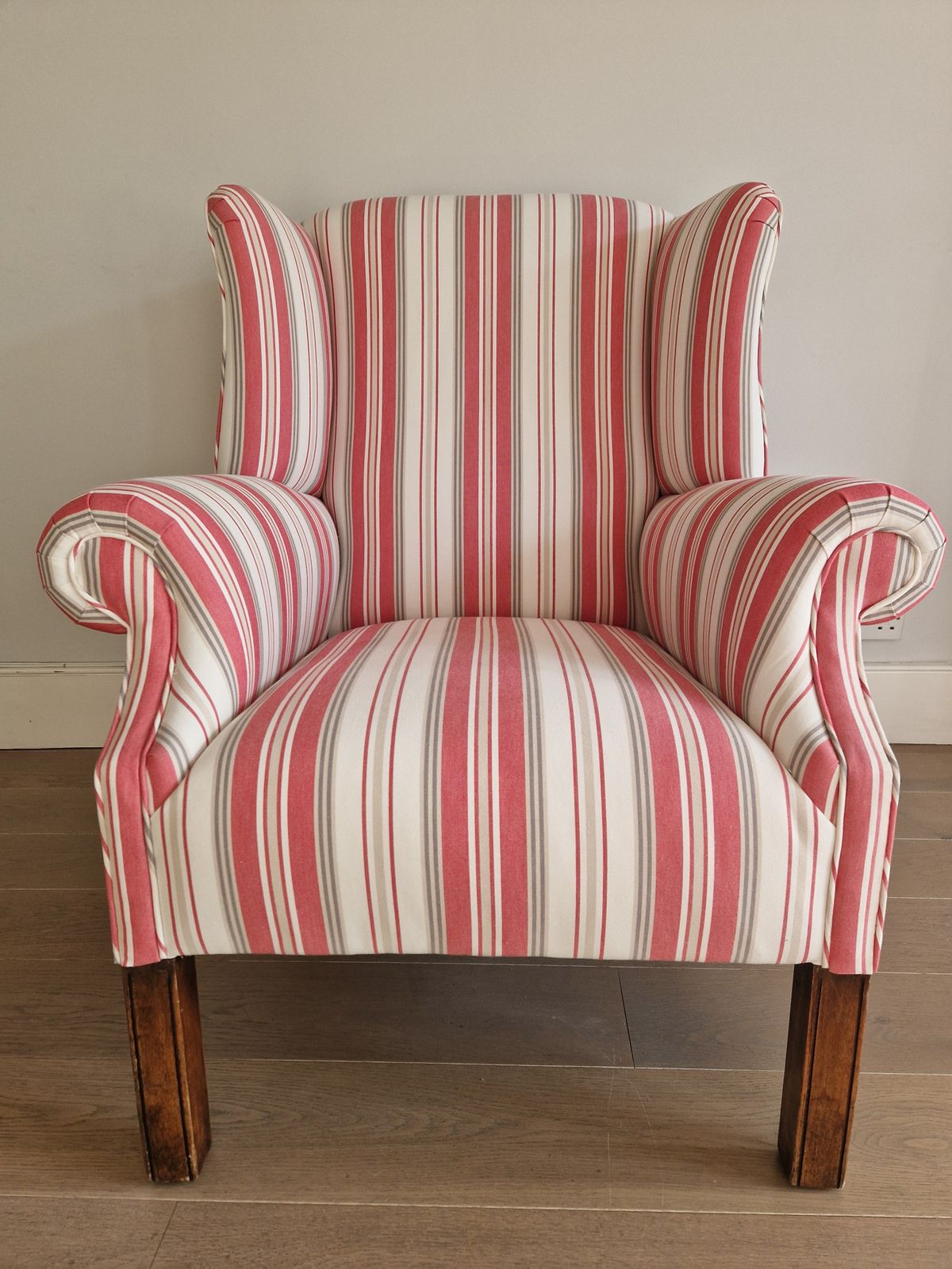 Exquisite Wingback Armchair In Jane Churchill Red Stripes