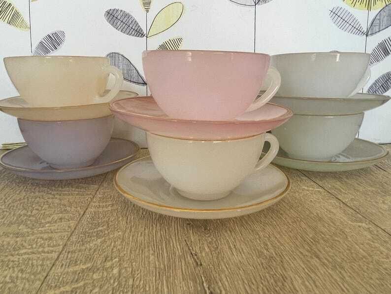 Arcopal Harlequin Pastel Coffee Cups And Saucers Set   Vintage French Glass photo furniture