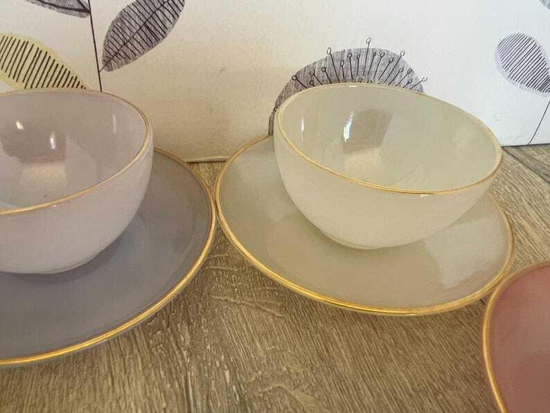 Arcopal Harlequin Pastel Coffee Cups And Saucers Set   Vintage French Glass photo 70.0