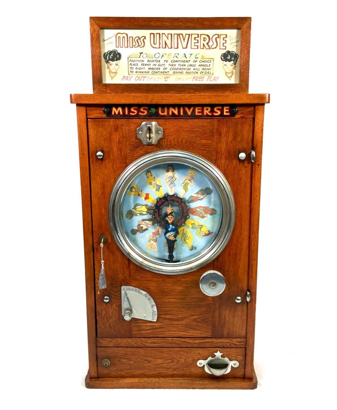 Antique Pierre Bussoz 'Miss Universe' Penny Operated Arcade Machine   Working photo for sale