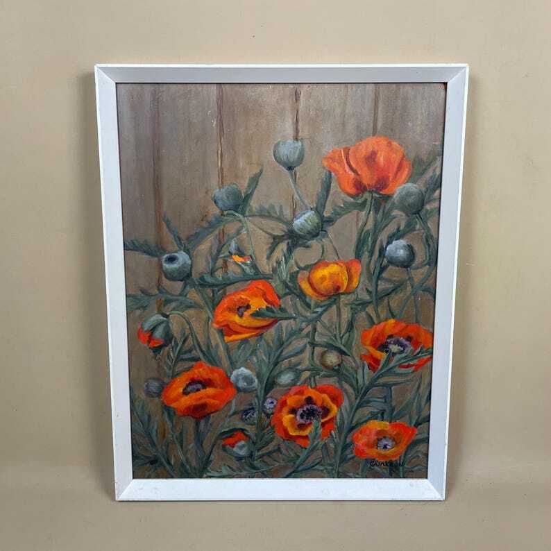 Antique Framed Floral Oil Painting Picture Vintage Flowers Wood Frame Painted Art Original Oils Oil Rectangle Portrait Spring Poppy Poppies
