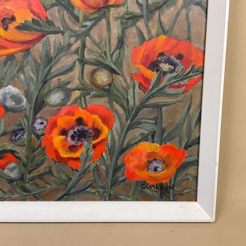 Antique Framed Floral Oil Painting Picture Vintage Flowers Wood Frame Painted Art Original Oils Oil Rectangle Portrait Spring Poppy Poppies photo furniture