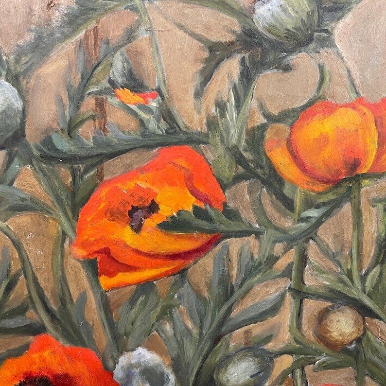 Antique Framed Floral Oil Painting Picture Vintage Flowers Wood Frame Painted Art Original Oils Oil Rectangle Portrait Spring Poppy Poppies photo Art