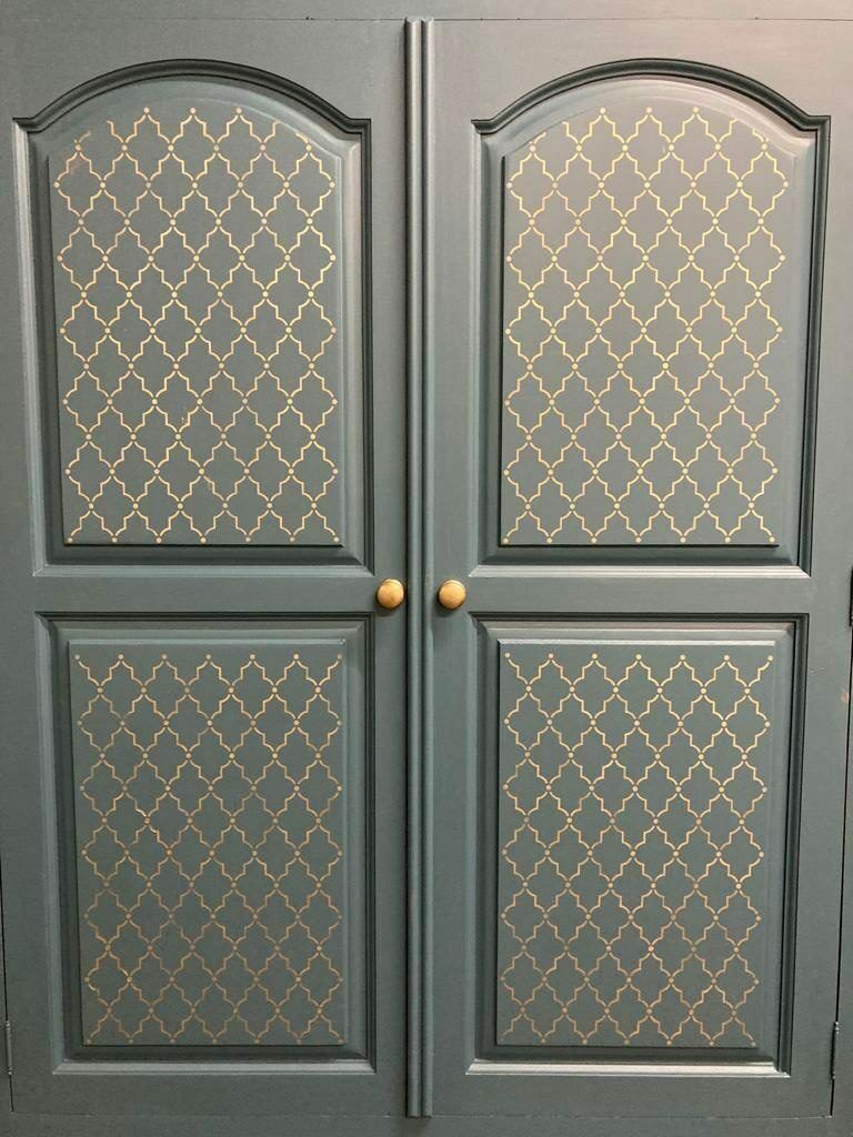 Pair Of Solid Pine Wardrobes In Black With Gold Floral Lace Detail On Base With Drawers photo vinterior