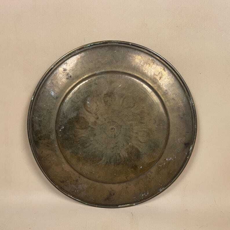 Antique Metal Gold Indian Patterned Brass Tray 26.4cm Plate Asian Handmade Etched Intricate Decorative Pattern Wall Art Round Vintage Small photo vintage