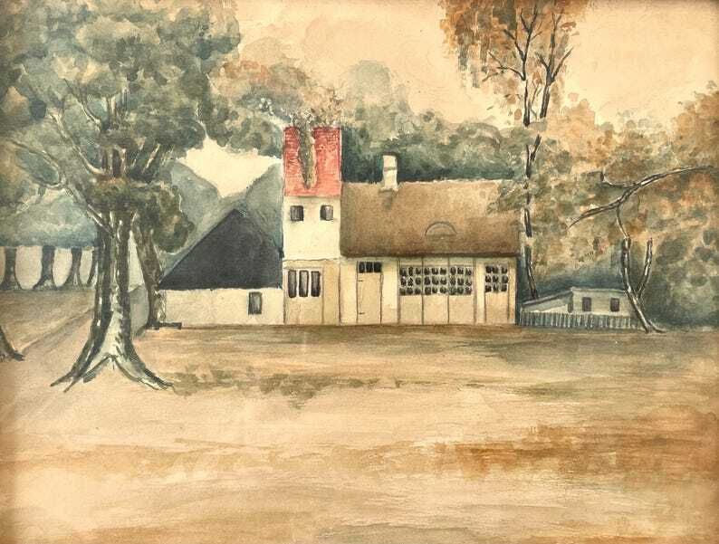 Beautiful Early 20th Century Original Danish Signed Vintage Watercolour Drawing Of Church In A Green Landscape Setting photo furniture