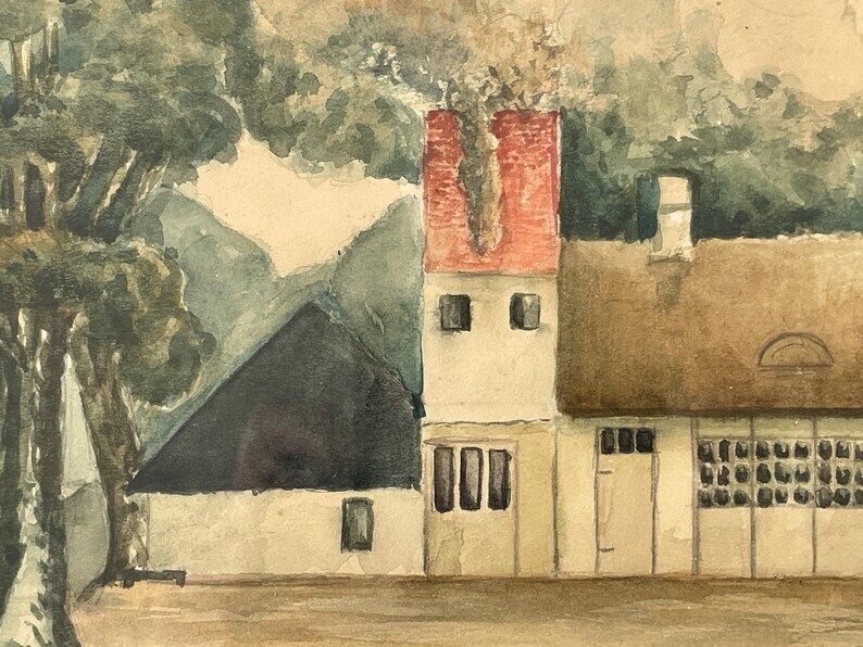 Beautiful Early 20th Century Original Danish Signed Vintage Watercolour Drawing Of Church In A Green Landscape Setting photo for sale