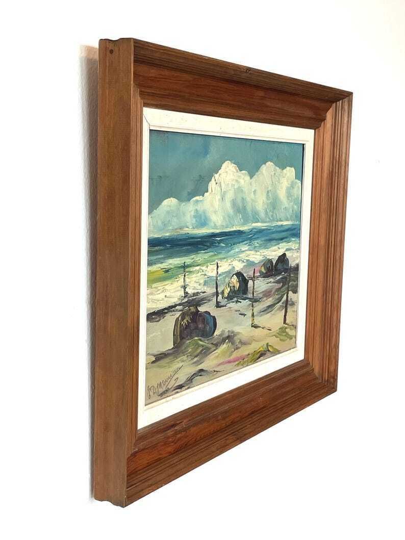 Vintage Mid Century Signed Landscape Oil Painting From Denmark With Abstract Ocean View Motive In A Wooden Frame photo buy