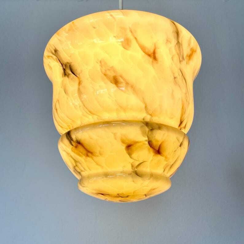Antique Art Deco Marbled Glass Ceiling Lamp In Organic Shape With Stunning Design Shade And Beautiful Details photo for sale