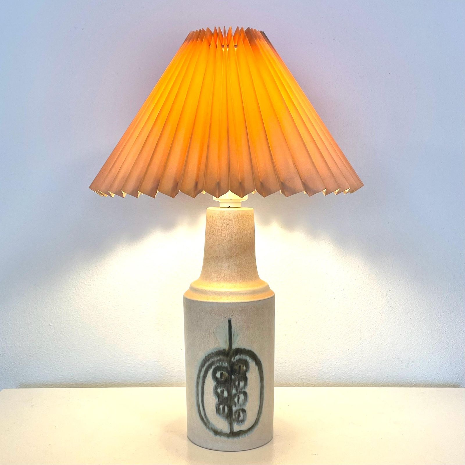 Danish Mid Century Modern Okela Vintage Stone Ware Table Lamp In Beautiful Design With Cute Pleated Shade In Beige