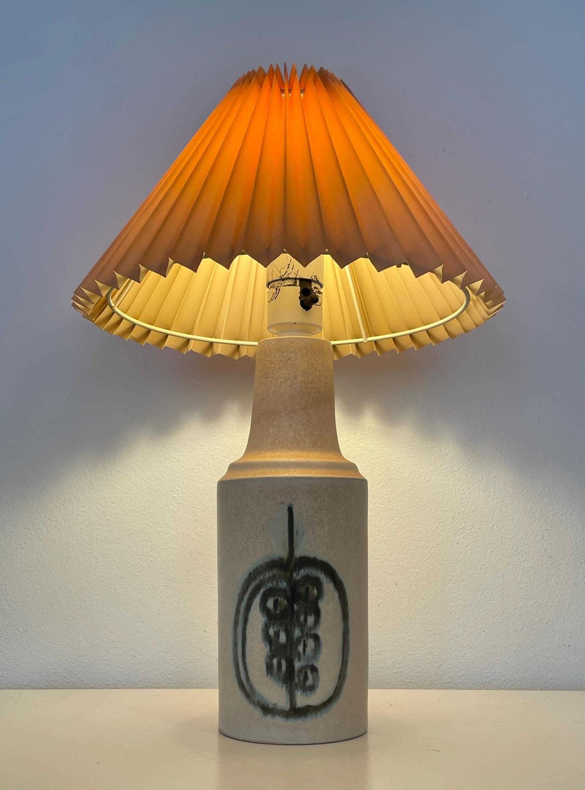 Danish Mid Century Modern Okela Vintage Stone Ware Table Lamp In Beautiful Design With Cute Pleated Shade In Beige photo furniture