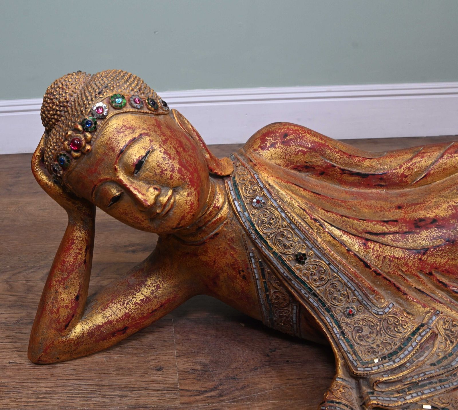 Burmese Reclining Buddha Statue Vintage Mandalay Buddhist 1930 photo for sale