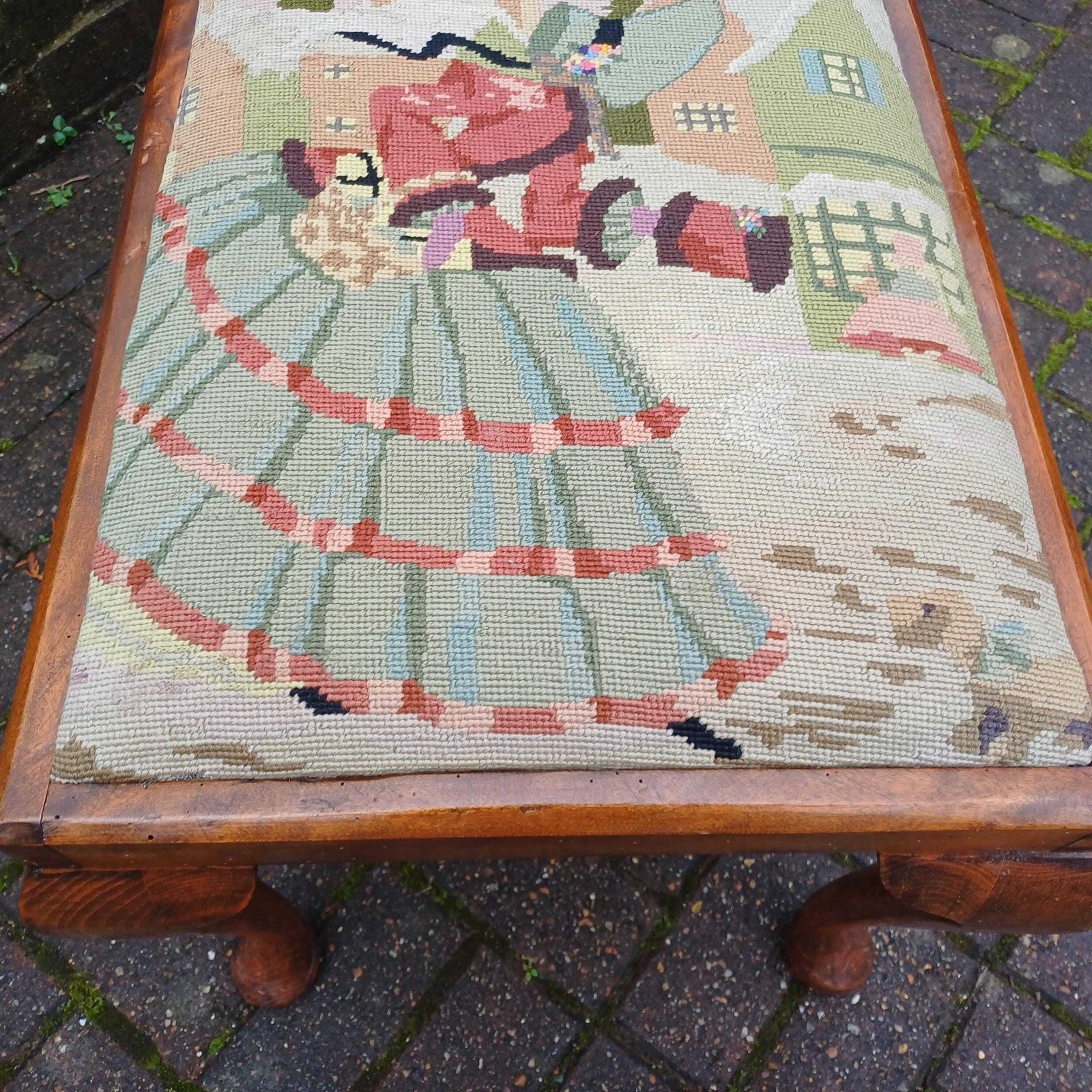 Vintage Chippendale Revival Wooden Stool With Cabriole Legs, Needlepoint Seat, Tapestry Mahogany Frame   Excellent Stool Mid Century Replica photo Furniture