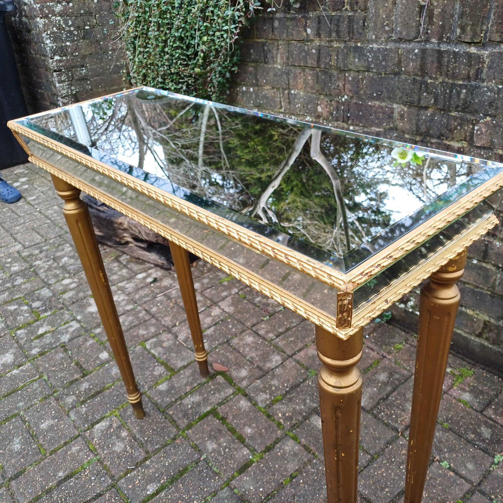 Vintage Glamorous 1980s Retro Bevelled Mirror And Gold Side Console Table And Accompanying Original Mirror photo Furniture