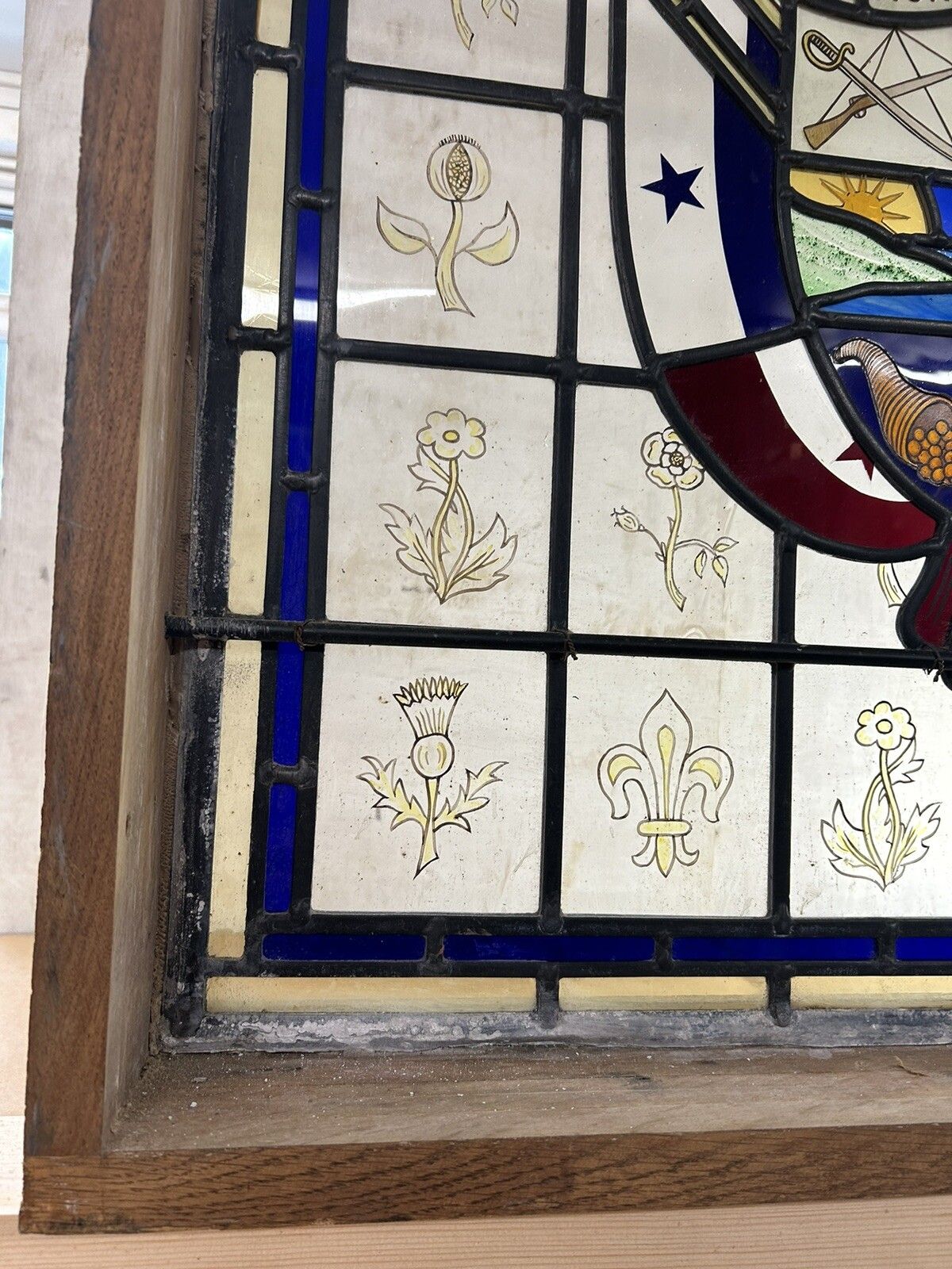Stained Glass Window Panel Hand Painted Restored Lead Oak Frame Unique Hand Made photo vinterior
