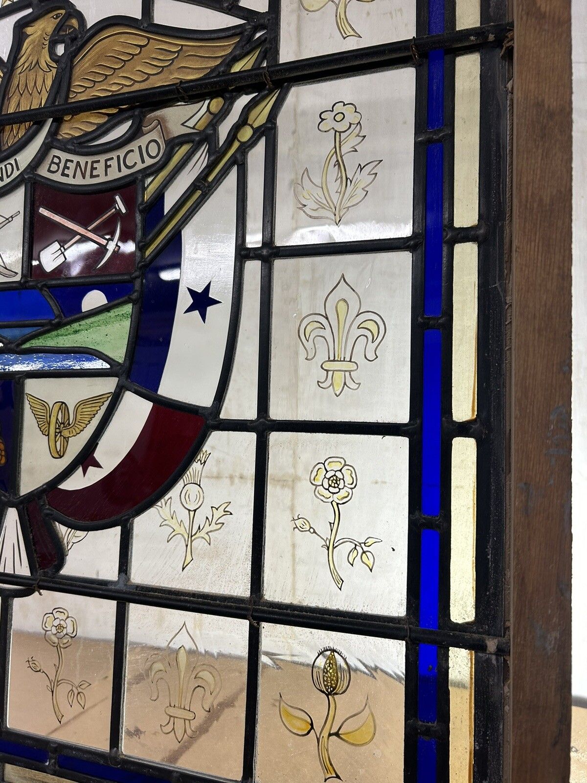 Stained Glass Window Panel Hand Painted Restored Lead Oak Frame Unique Hand Made photo vintage