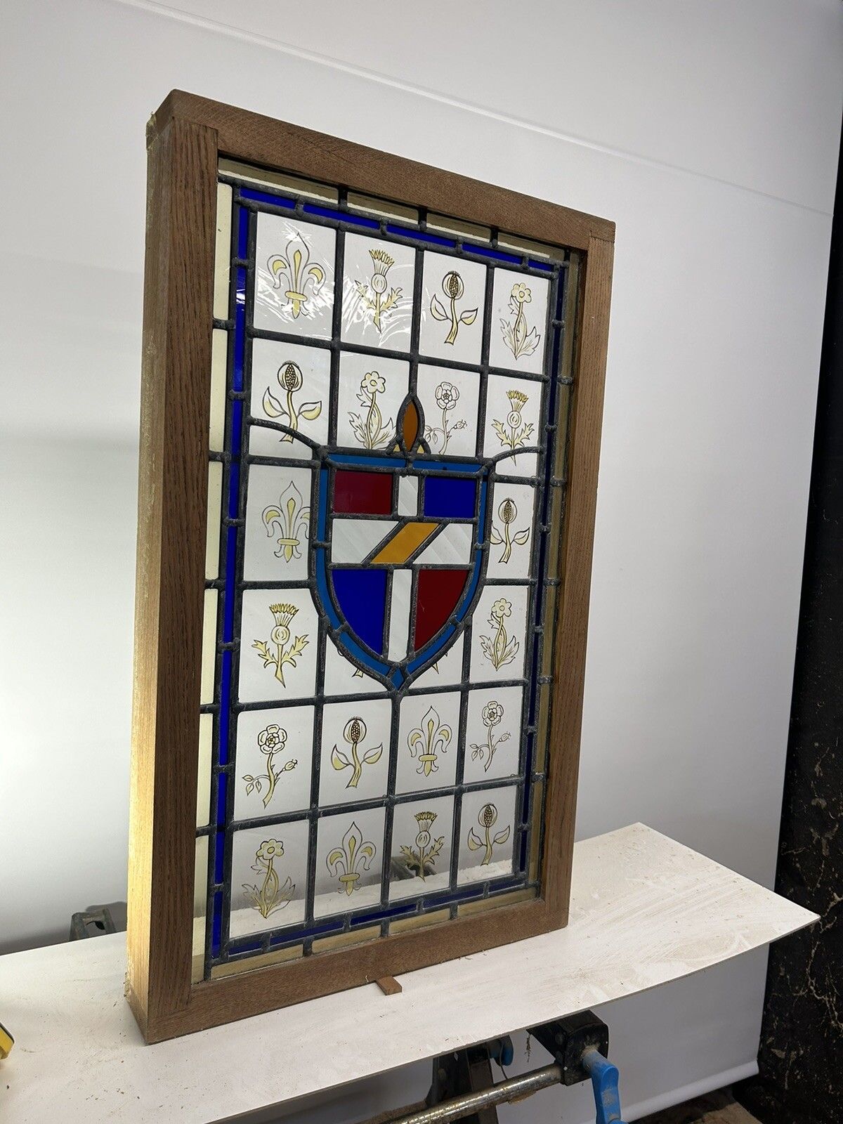 Stained Glass Window Panel Hand Painted Restored Lead Oak Frame Unique Hand Made photo for sale