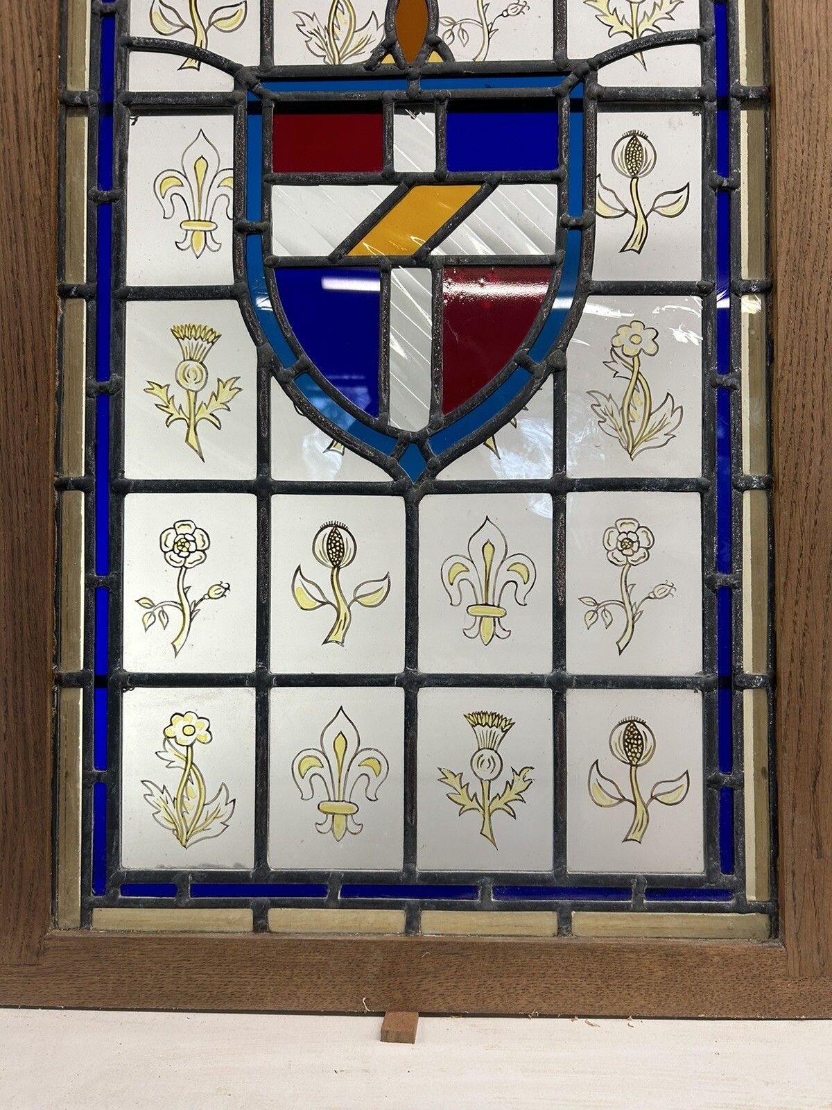 Stained Glass Window Panel Hand Painted Restored Lead Oak Frame Unique Hand Made photo buy