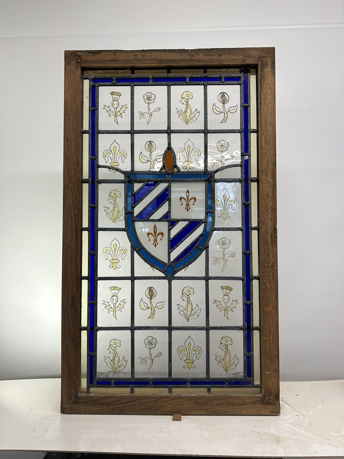 Stained Glass Window Panel Hand Painted Restored Lead Oak Frame Unique Hand Made
