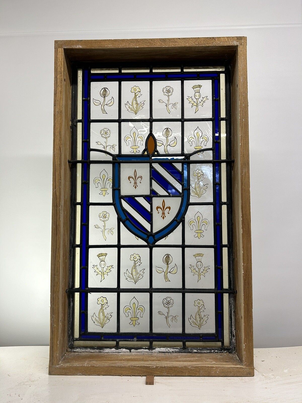 Stained Glass Window Panel Hand Painted Restored Lead Oak Frame Unique Hand Made photo vintage
