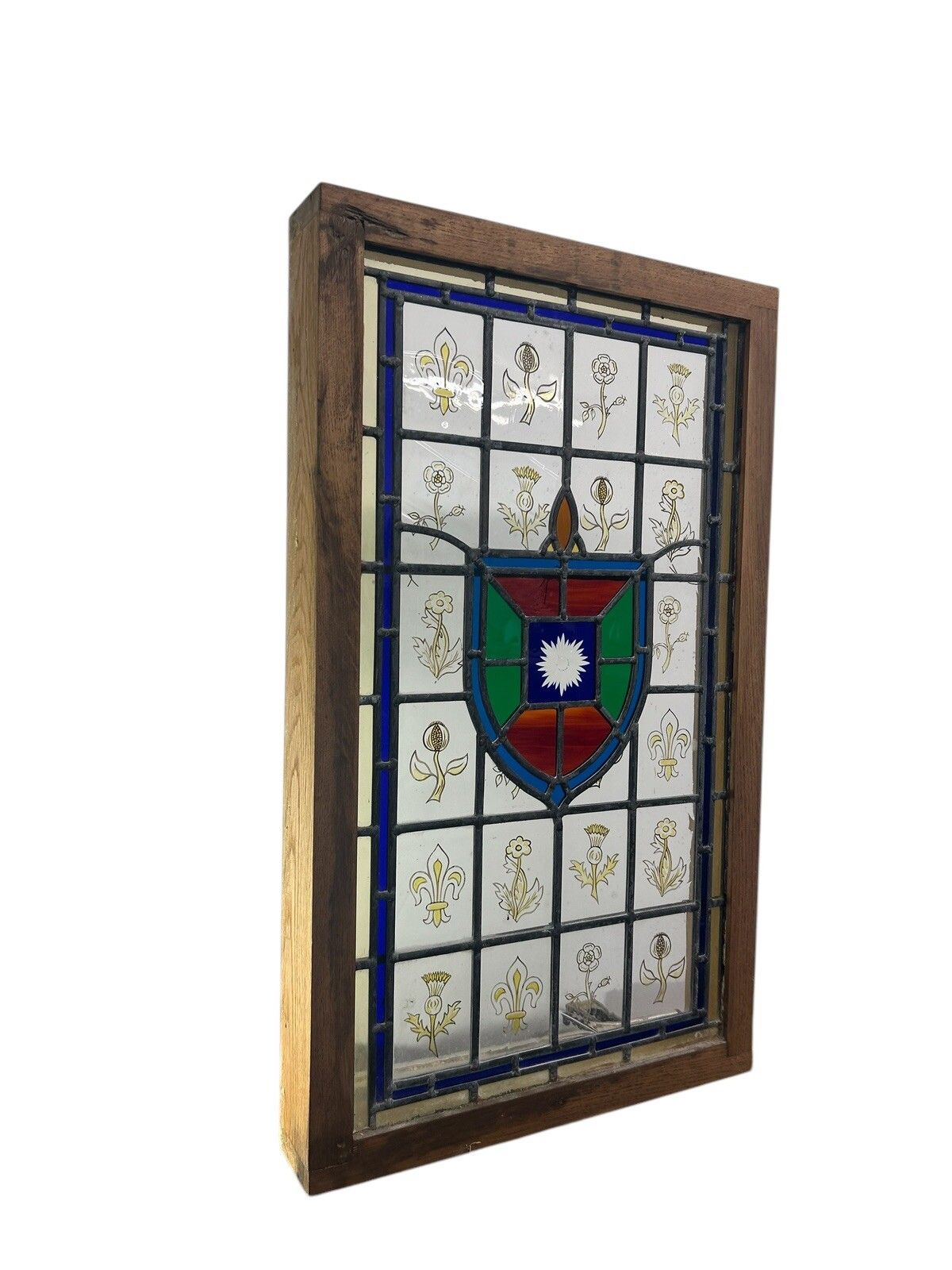 Stained Glass Window Panel Hand Painted Restored Lead Oak Frame Unique Hand Made photo for sale