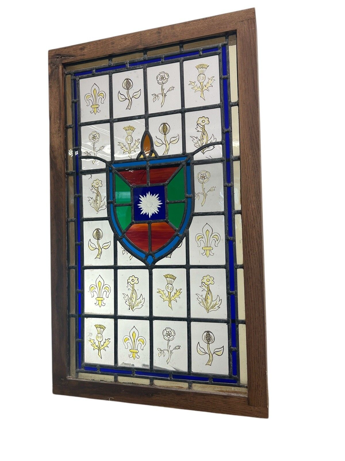 Stained Glass Window Panel Hand Painted Restored Lead Oak Frame Unique Hand Made photo Art