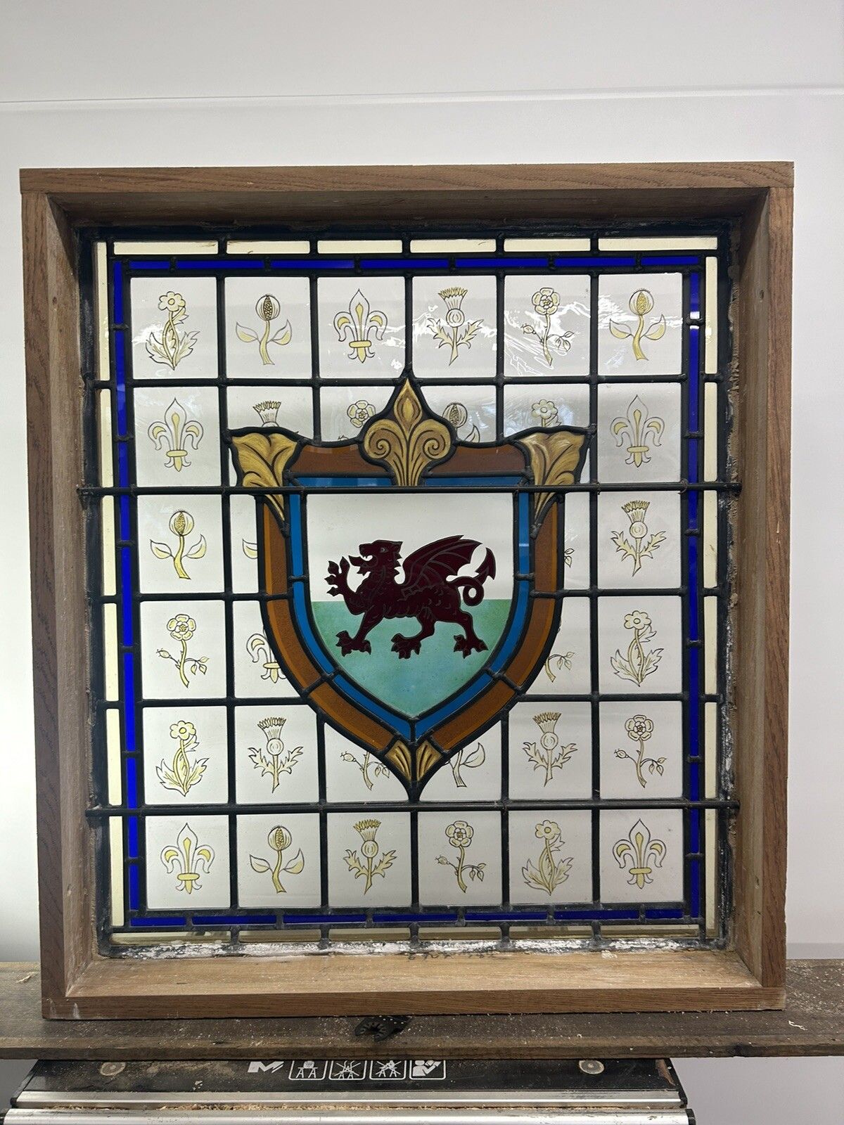 Art Stained Glass Window Panel Hand Painted Restored Lead Oak Frame Unique Hand Made photo