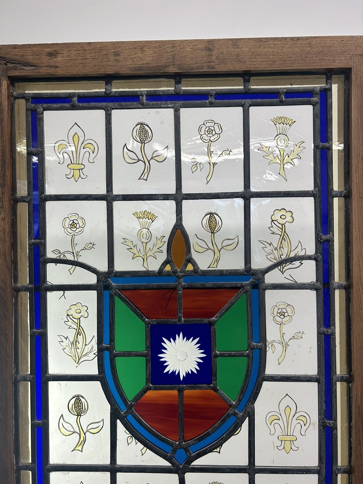 Stained Glass Window Panel Hand Painted Restored Lead Oak Frame Unique Hand Made photo buy