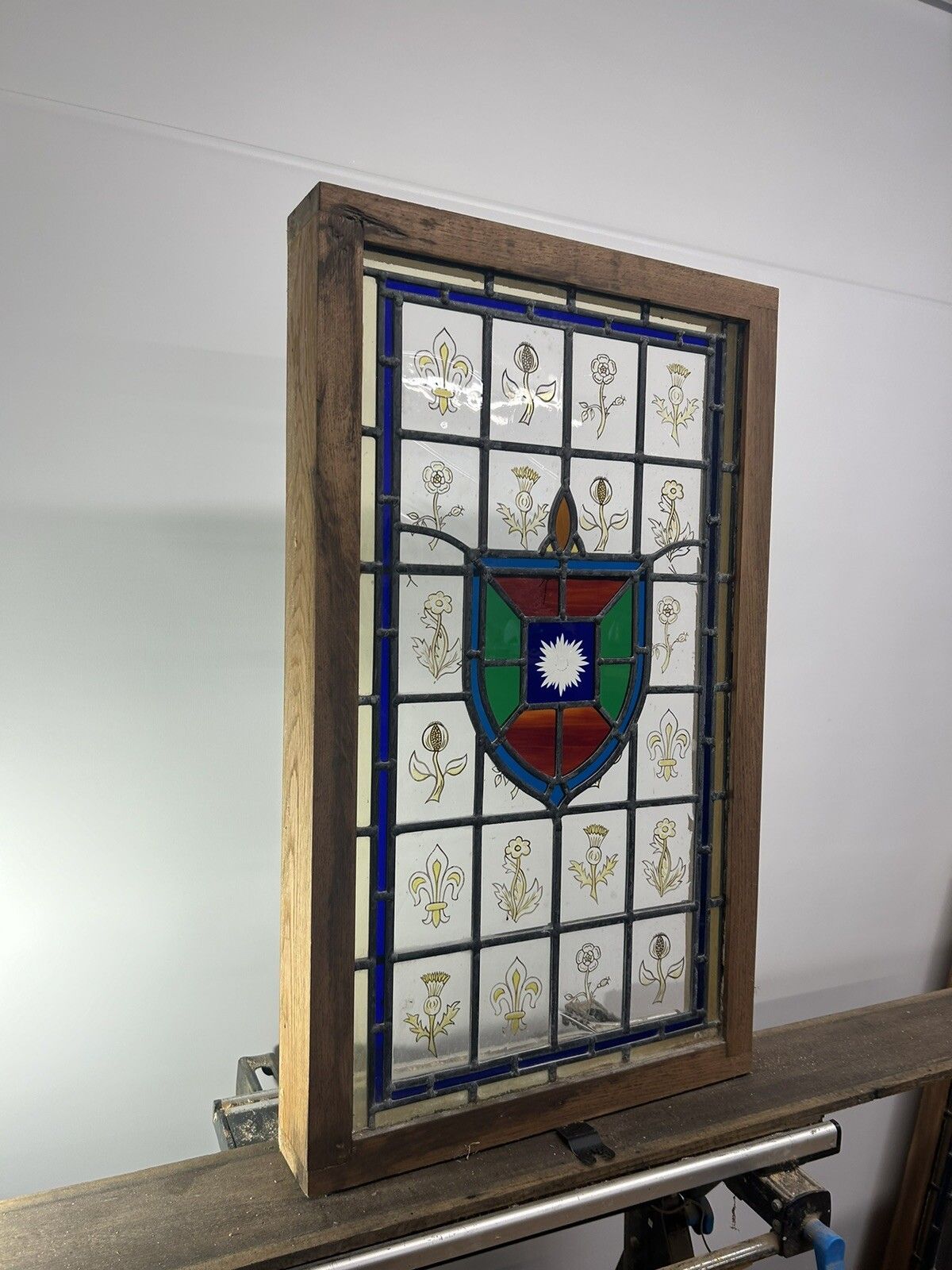 photo furniture Stained Glass Window Panel Hand Painted Restored Lead Oak Frame Unique Hand Made