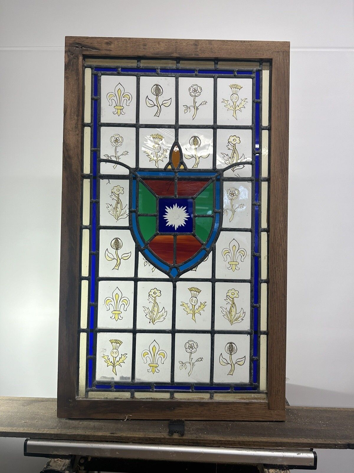 photo for sale Stained Glass Window Panel Hand Painted Restored Lead Oak Frame Unique Hand Made