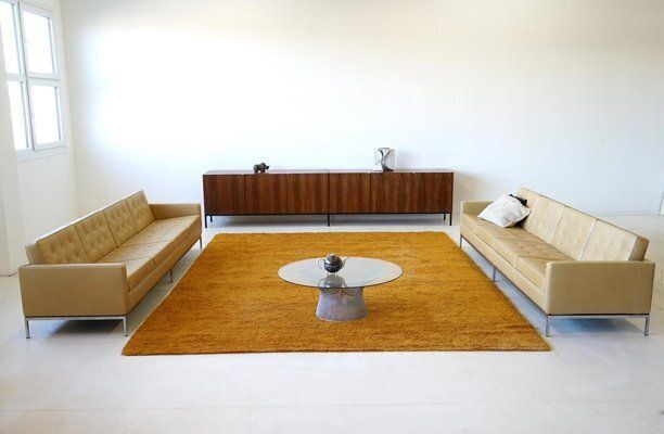 4 Seater Sofa Leather By Florence Knoll Bassett For Knoll Inc. / Knoll International, 1920s