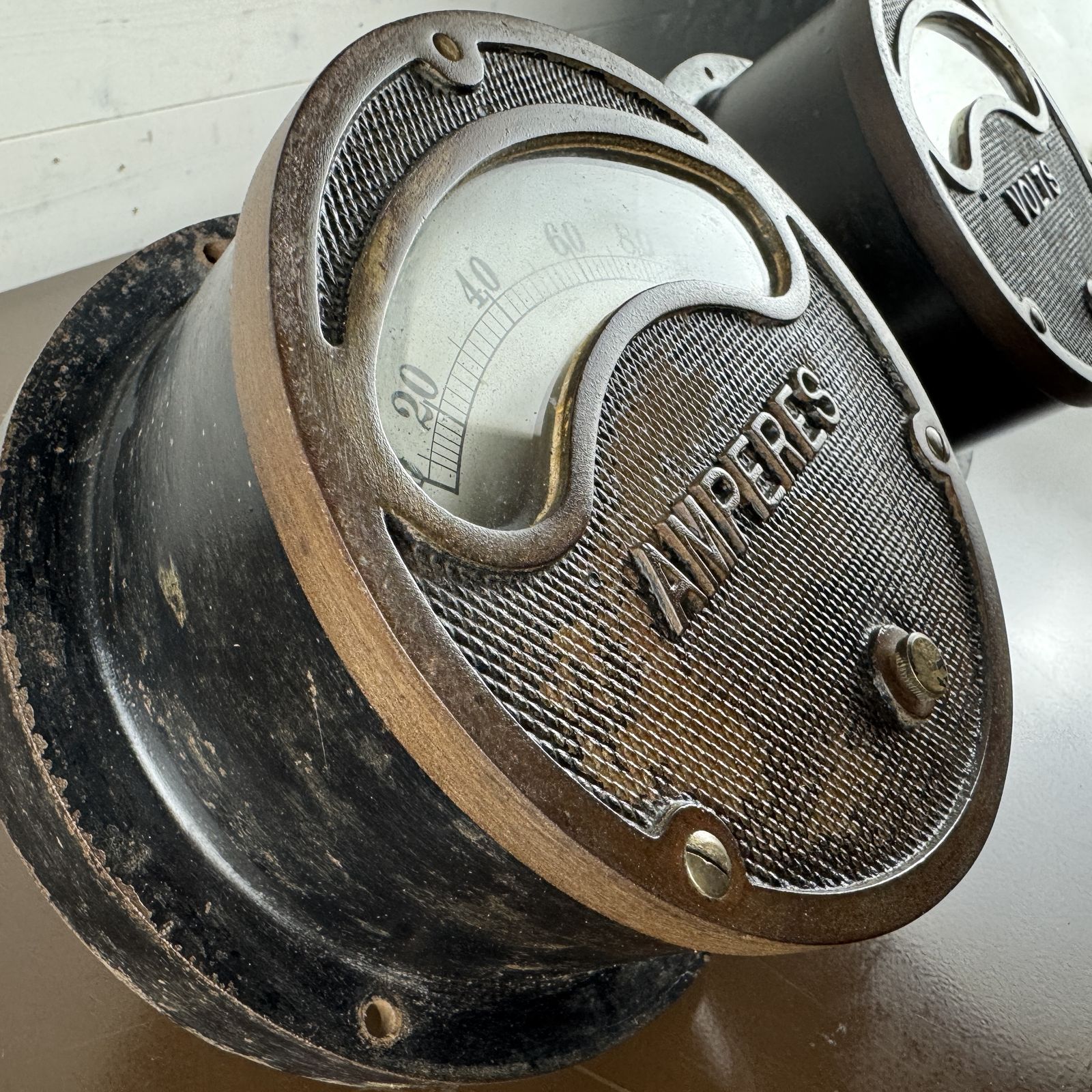 Pair Of Antique Industrial Factory Gauges Volts Amperes photo Home Decor