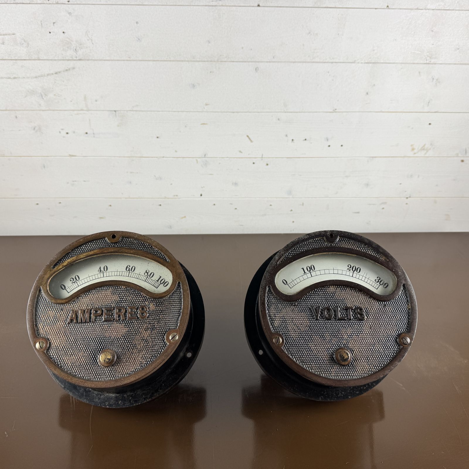 Pair Of Antique Industrial Factory Gauges Volts Amperes photo buy