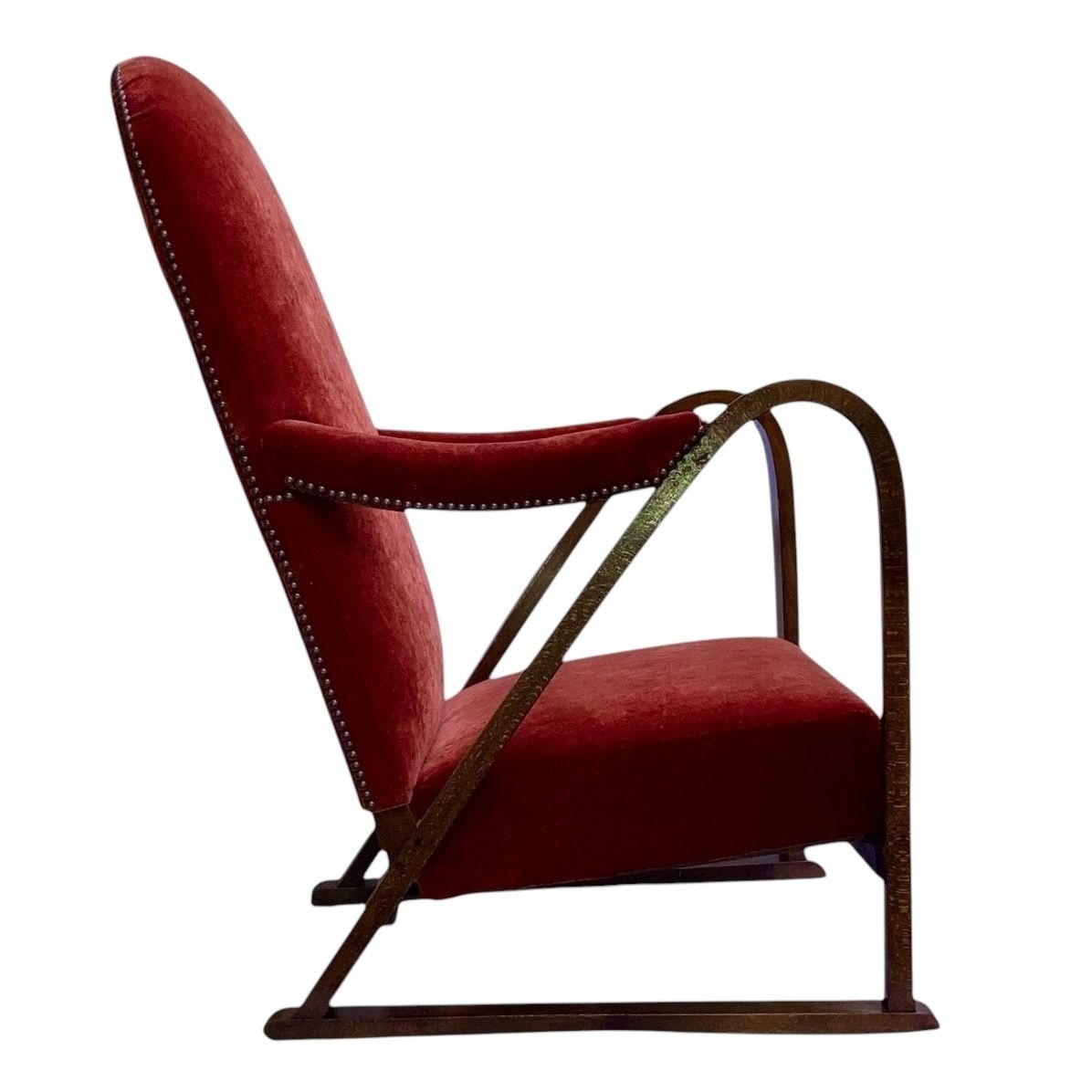 Rare Shaped Art Deco Armchair With Bentwood Frame: Redcurrant  Velvet And Bronze Tack Detailing photo 1395.0